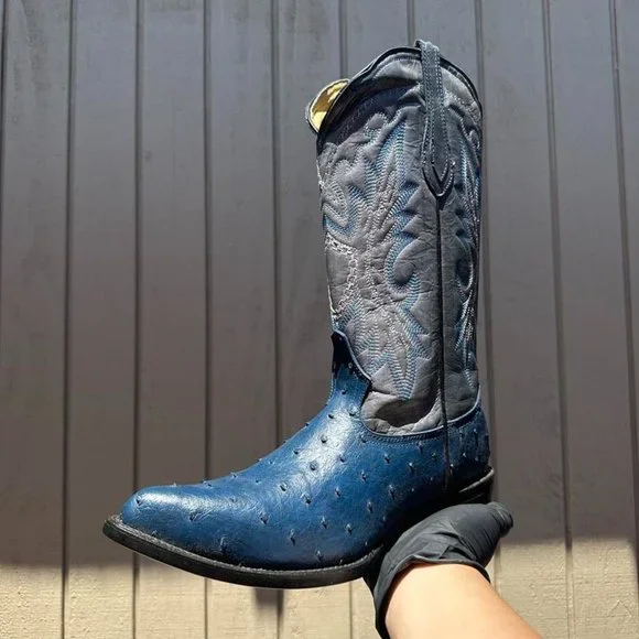 #16 Western Boot with Dark Blue Ostrich Texture, Model 7006 Olathe Black & Blue Smooth Ostrich Boots main image 3